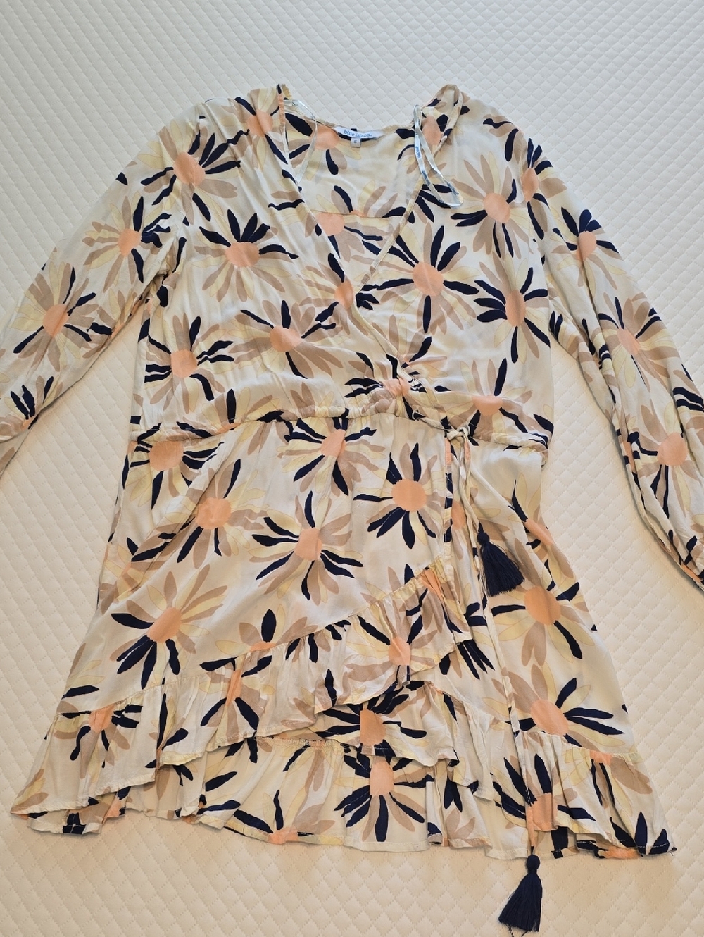 blue island Cream, Navy & Peach Floral Wrap Top